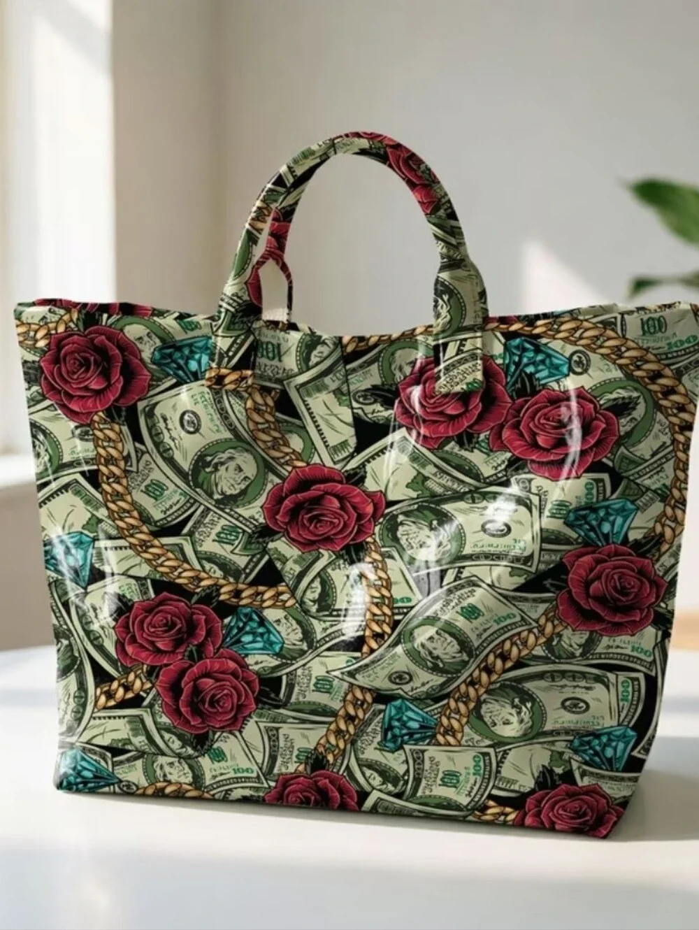 Money And Rose Dollar Sign Tote Shoulder Bag PVC
